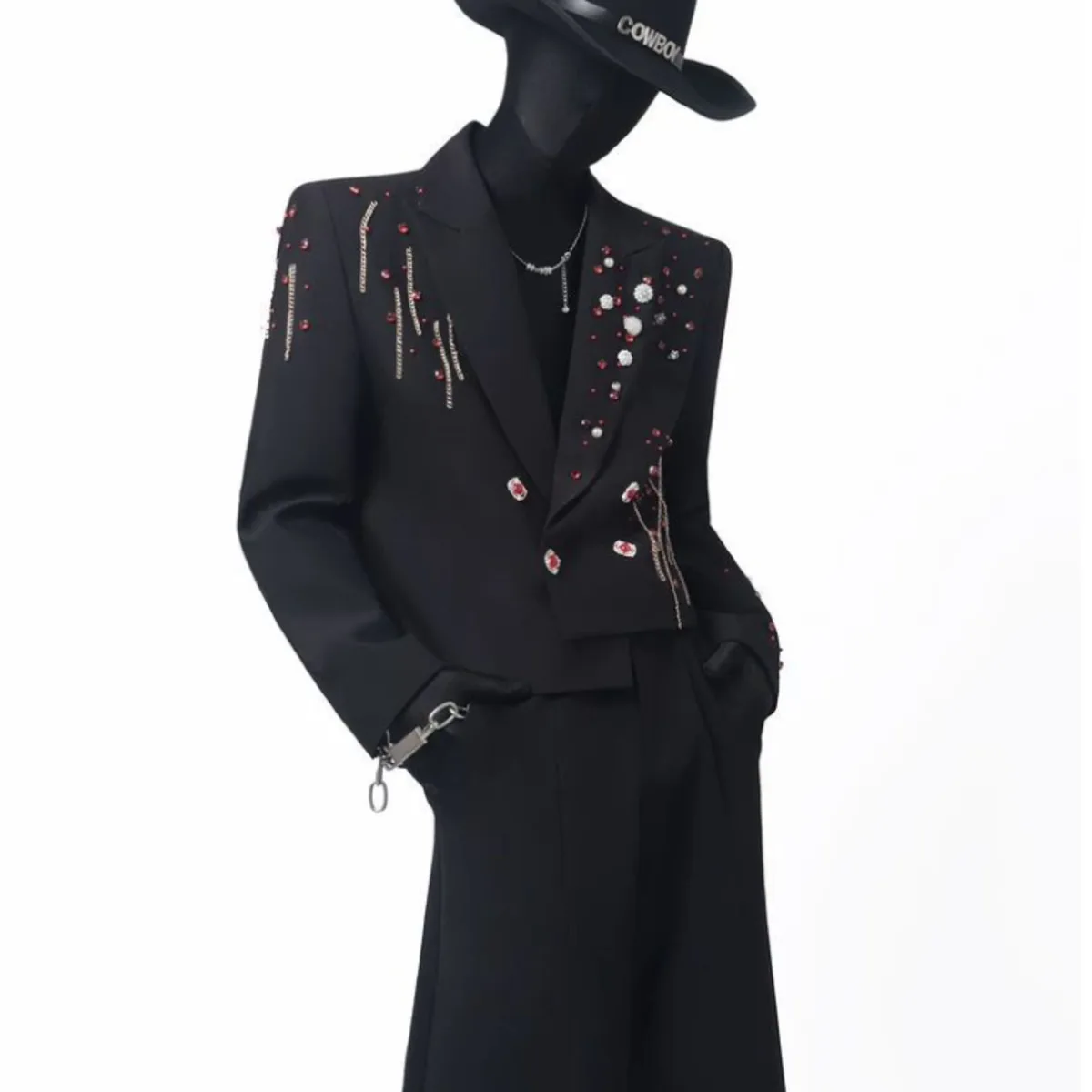 Trend Men's Blazer Short Suit Jacket Double-breasted Beading Rhinestone Chain Personalized Decoration Fashion Male Mens Clothing