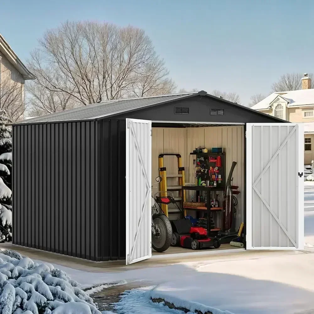 10x8 Outdoor Storage Shed - Roomy Garden Tool Shed with Lockable Door - Durable Metal for Yard, Patio, and Backyard (K Gray)