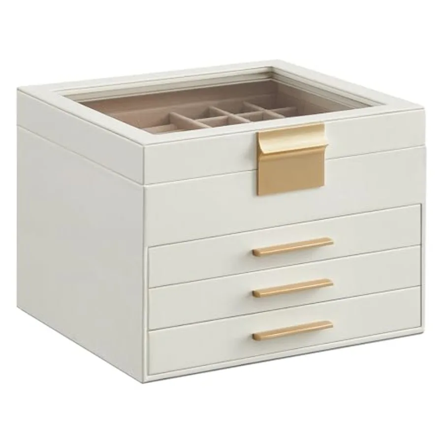 

Jewelry Box Organizer with Glass Lid 4-Layer Jewelry Storage with 3 Drawers Modern Style 8 x 9.1 x 6.5 Inches Cloud White and G