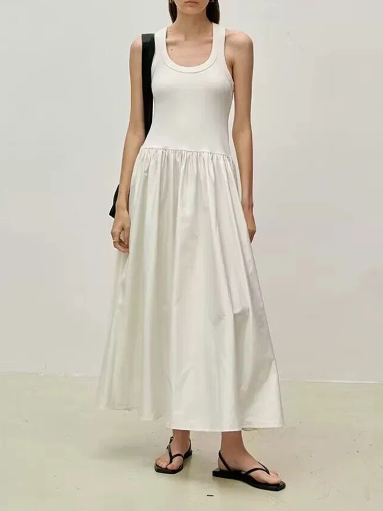 Simple casual splicing Long dresses design sense vacation style cross strap sleeveless undershirt dress women 2024 summer new