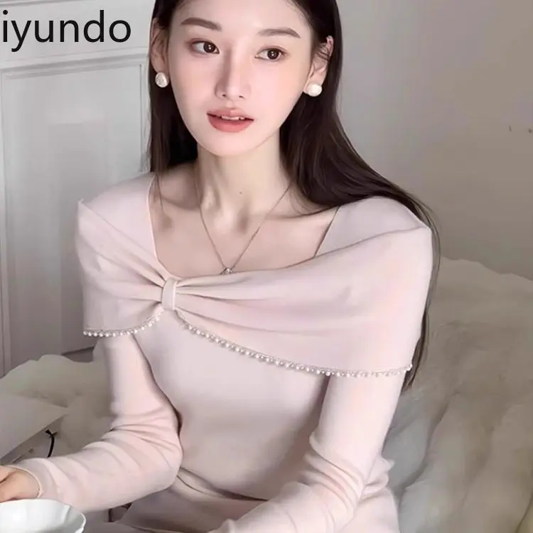 Women's Pink Bow Off Shoulder Long Sleeve Knit Sweater Slim Fit Stretchy Tops Casual Winter Pullover Sexy Basic Blouse