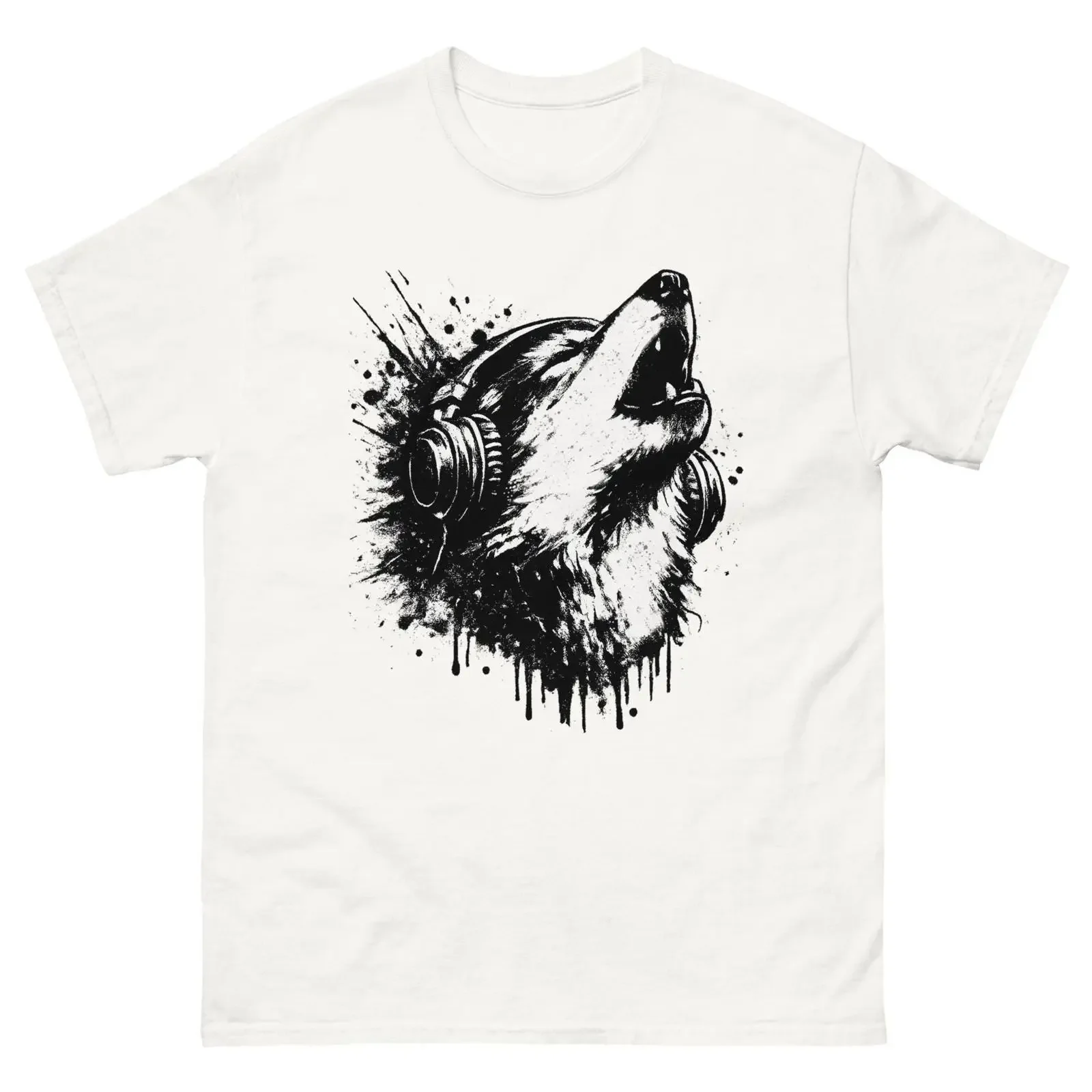 Wolf Headphones T Shirt Howling Dripping Ink Vintage Grunge Style vintage Washed fashion designer clothes graphic Stretched