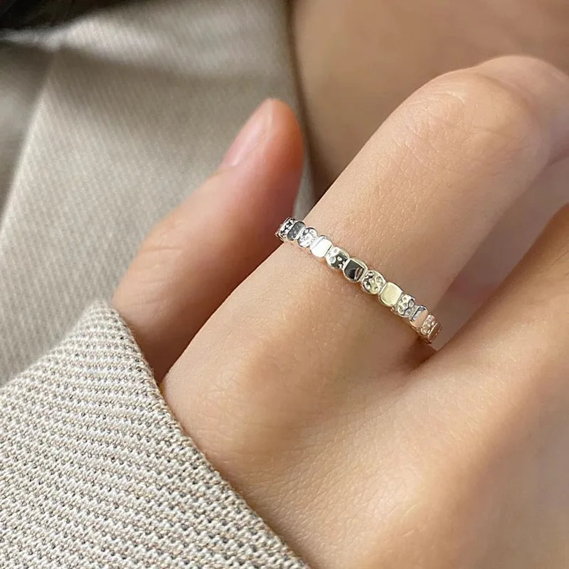 Minimalist Fashionable 925 Sterling Silver Adjustable Metallic Texture Square Ring for Women Korean Jewelry Accessory Colorfast