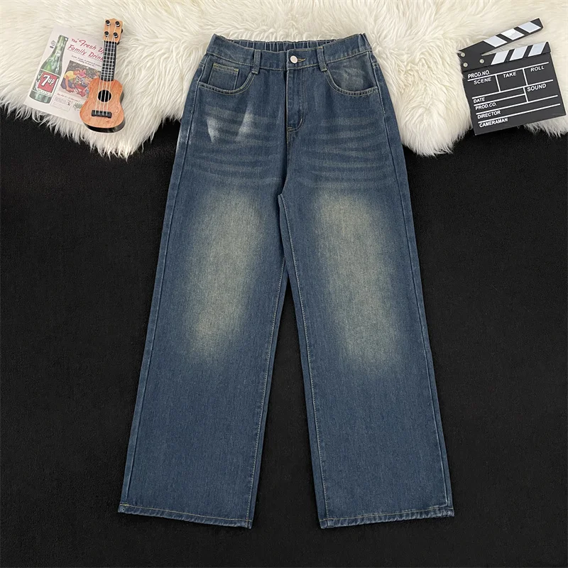 

Light Blue Men's Straight Leg Loose Fit Jeans Casual Retro Hong Kong Style Versatile Long Pants Spring Trend Loose Straight J...