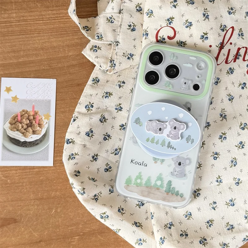

Cute Koala Print Clear Phone Case With Floral Background For iPhone 15 16 17 Pro Max INS Style Large Window Shockproof Protectiv