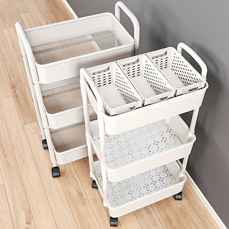 Versatile Multi-Tier Storage Cart - White Plastic, Perfect for Kitchen, Bathroom & Bedroom Organization