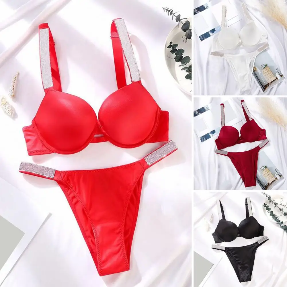 

Underwire Bra Set Stylish Rhinestone Bra Thong Set with Adjustable Straps Contrast Color Design Push-up Feature for Women 2