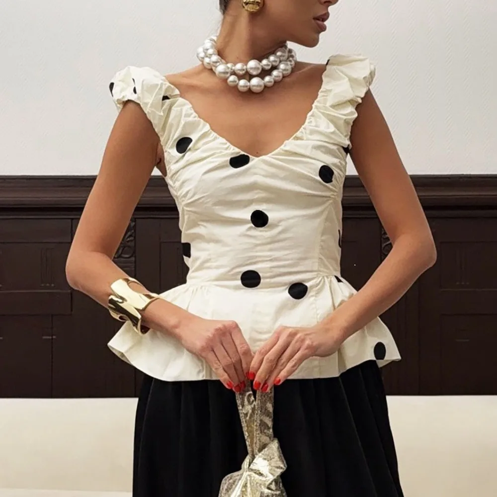 Elegant Deep V Neck Polka Dot Tank Top Ruffled Backless Sleeveless Silk Vest Off-shoulder Spring Short Blouse Female
