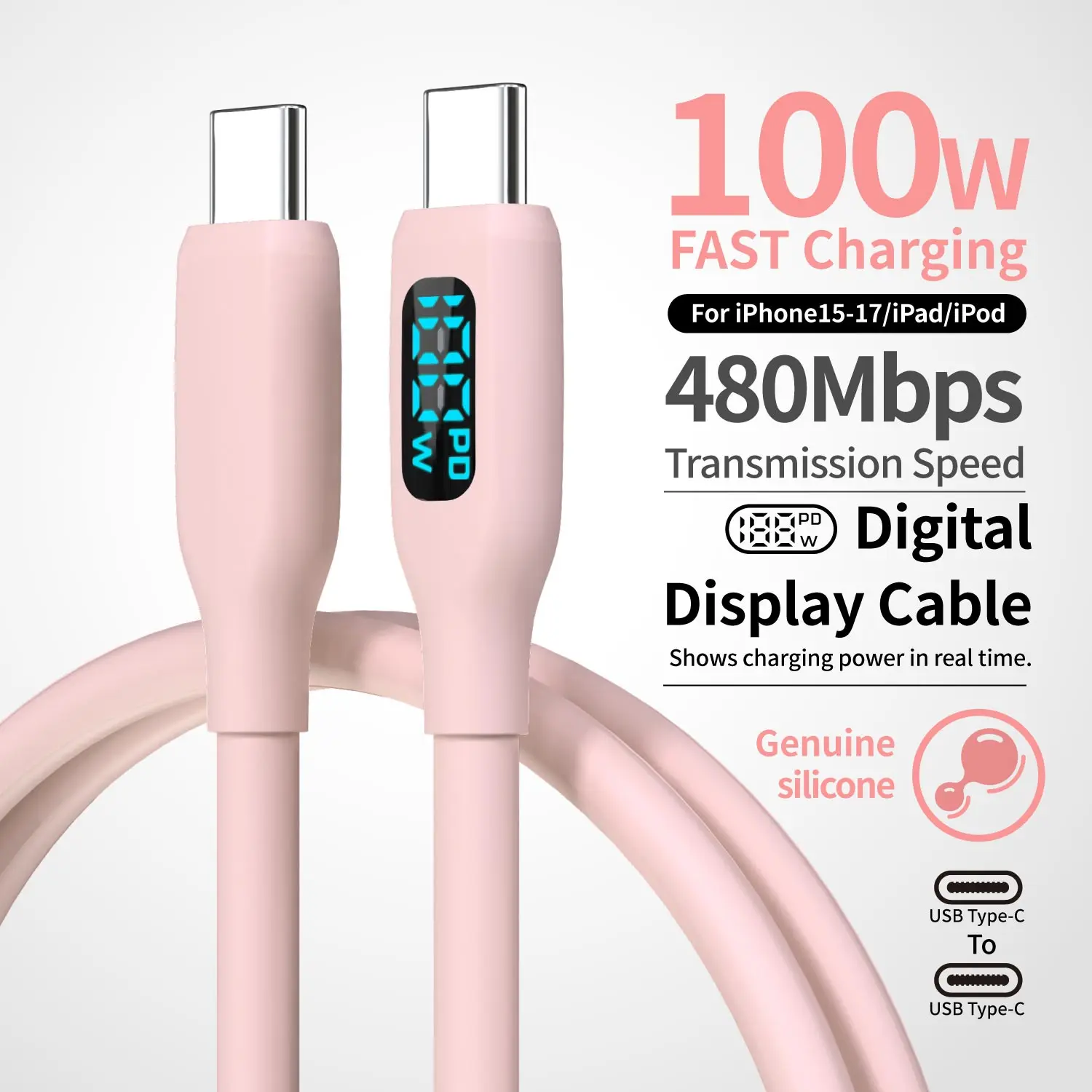 100 W USB-C-Schnellladekabel, superflexibles Silikon-Ladekabel, rosa, für Telefon, Tablet, Laptop – Detail 1