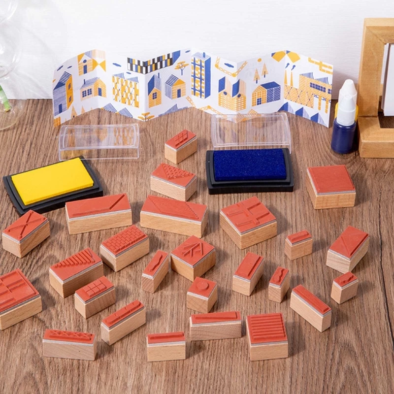 Sello de patrón geométrico de madera para niños, 25 piezas, 2 almohadillas de tinta, juguetes educativos para aprender a pintar, juguete para entrenar el cerebro