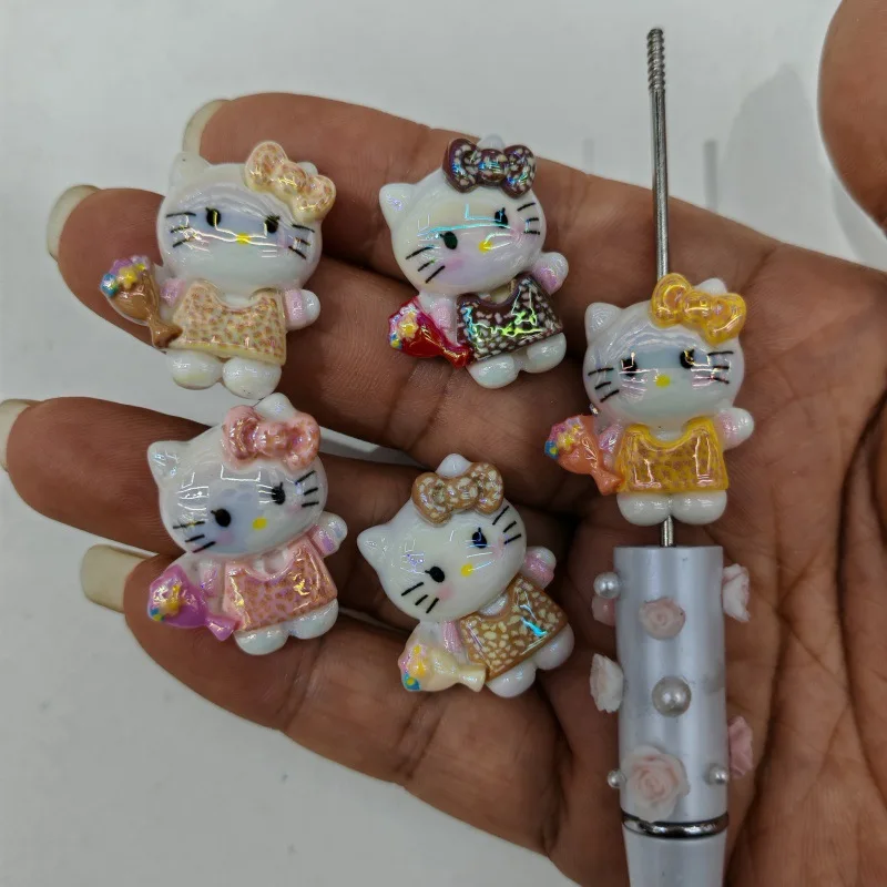 

Бусины Hello Kitty с вертикальным отверстием, УФ-покрытием, леопардовым принтом, бантом и кошкой, Sanrio, для рукоделия, россыпью, для ручек и украшений