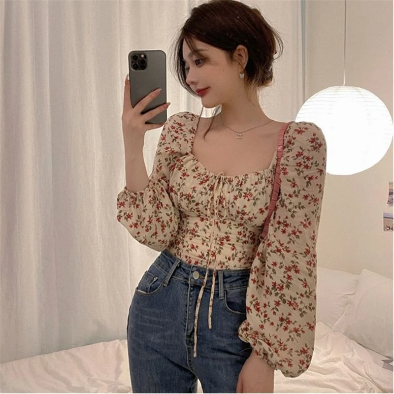 Women\'s Floral Tie Front Crop Tops Square Neck Puff Long Sleeve T Shirt Blouse