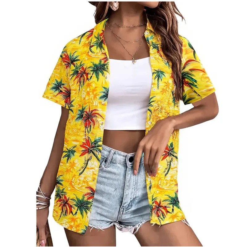 Summer Women's Shirt 3D Printed Hawaiian Shirts Button Up Beach Vacation Shirts Short Sleeve Shirt Casual Lapel Blouse For Women