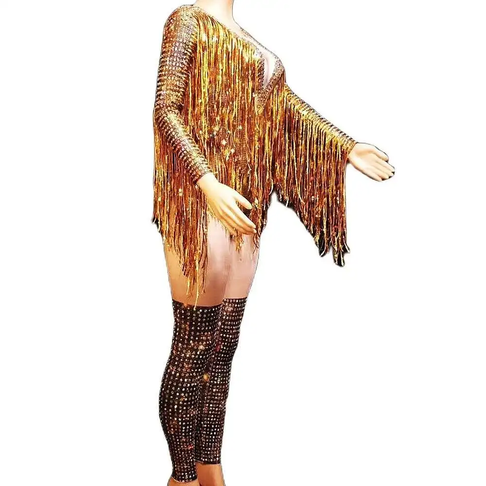 Shining Gold Women Crystal Fringe Jumpsuits Nightclub Singer Performance Long Sleeve Bodysuits Evening Prom Celebrate Costume