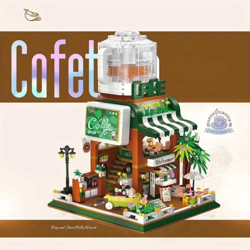 Creative Streetscape Architecture Bear Coffee House Building Blocks City Street View Cafe Shop Model Holiday Gifts Kids Toys