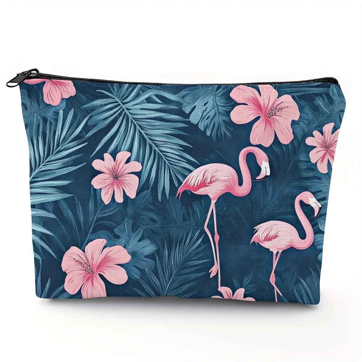 1pc Chic Pink Flamingo & Palm Leaf Makeup Bag - Lightweight Cosmetic Pouch with Zipper