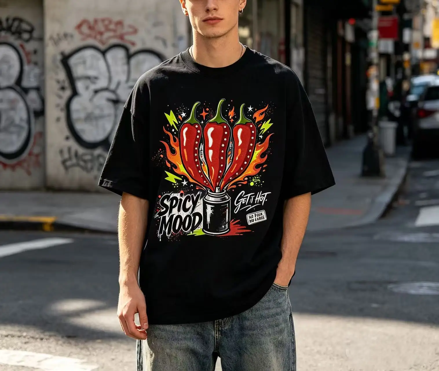 Unisex Spicy Mood Red Chili Pepper Fire Spray Can Graffiti Graphic T‑Shirt Men Women Street Hip‑Hop Slogan Print Oversized Crew Neck Cotton Tee