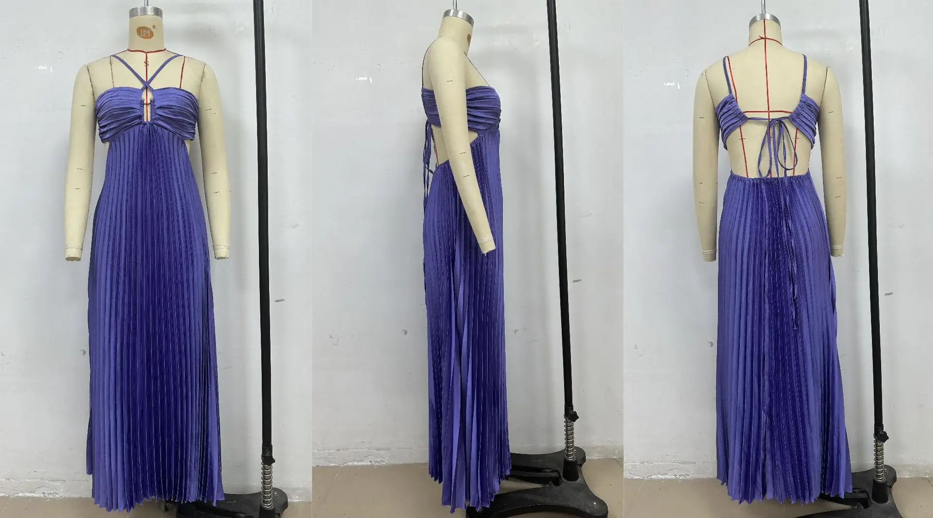 Blue Pleated Halter Long Dress Women's Solid Sleeveless Backless Lace-up Maxi Dress Summer Beach Vacation Evening Party Vestidos