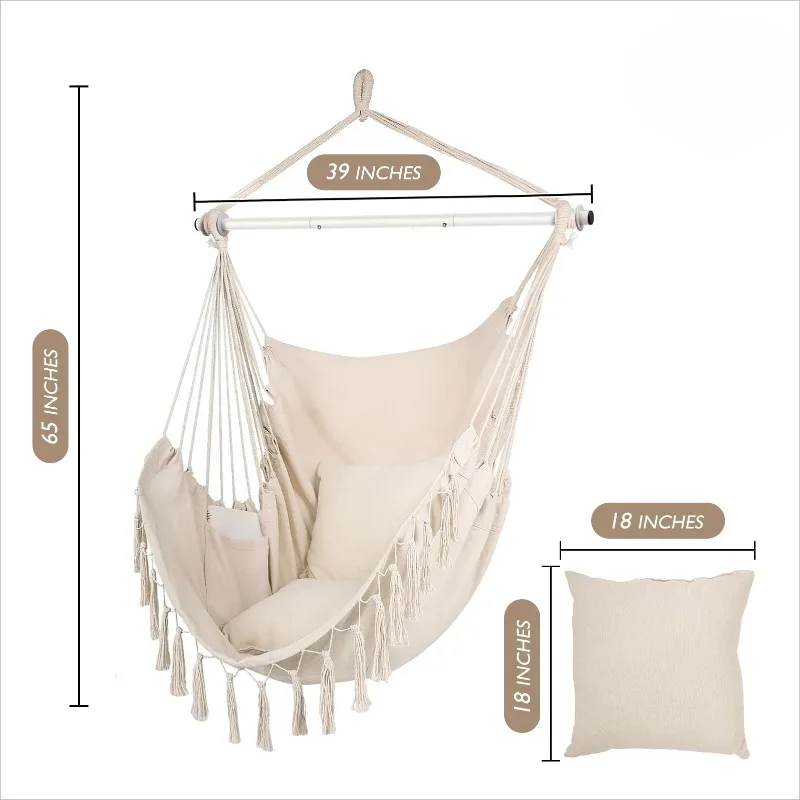 Hammock Chair Hanging Rope Swing, 2 Cushions Included, Large Macrame Hanging Chair with Pocket for Comfort, with Hardware Kit