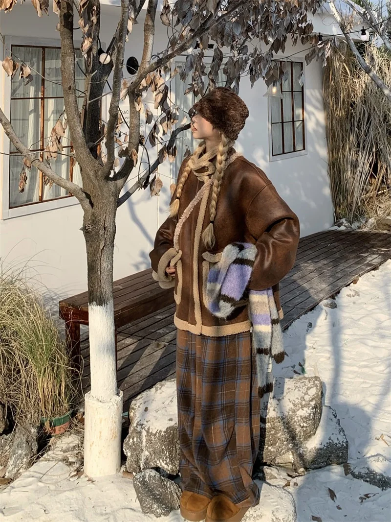 

American Retro Brown Lamb Fur Jaet Women's Winter Faion Design Inteated Leather Fur Cotton Coat Trendy High Collar Zipper