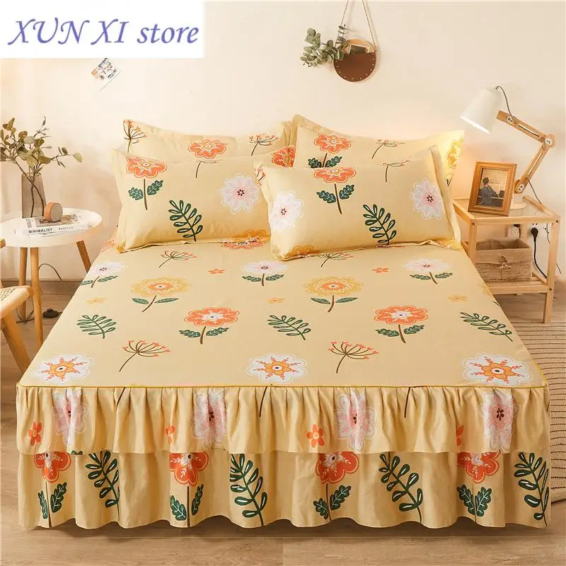 New Double Lace Bed Skirt queen Plant Printed Bed Cover Single/Queen/King Size Bed Sheet Skirt(Pillowcase need order)