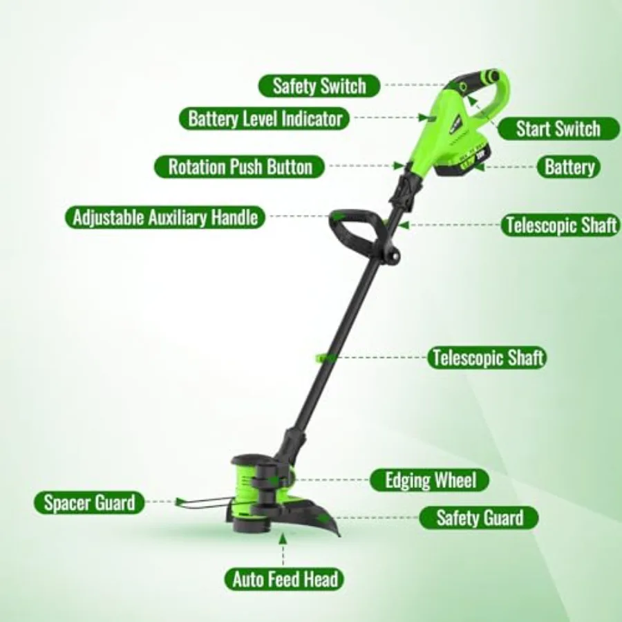 12 Cordless Weed Wacker String Trimmer, 20V Battery Powered Grass Trimmer Edger 2-in-1, Electric Weed Wacker with 2×5.0Ah Batte