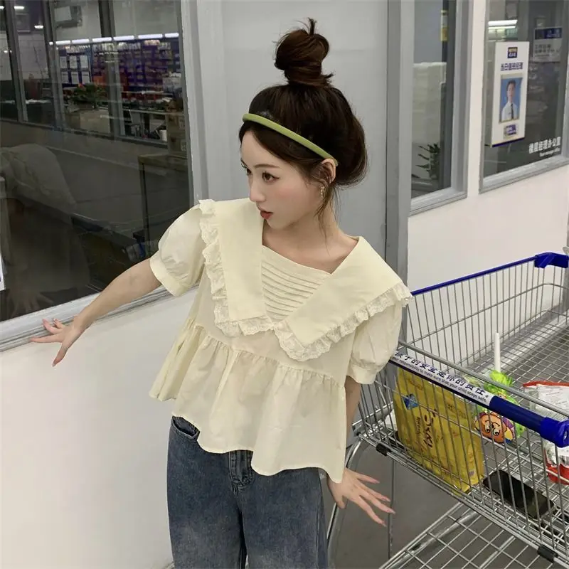 Sweet Unique Doll Neck Short Sleeved Shirt for Women\'s Summer New Gentle Style Shirt Loose Korean Version Top for Women