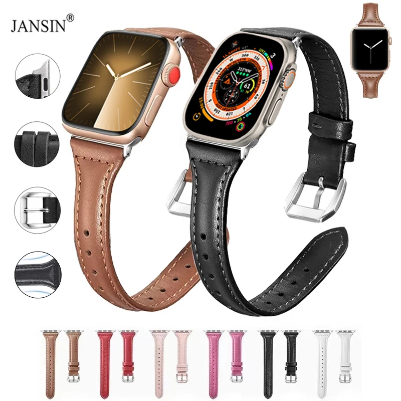 

Leather Strap For Apple Watch Ultra 2 49mm 41mm 45mm 40mm 44mm Slim Band Single Tour For iWatch 10 9 8 7 6 SE 46mm 42mm Bracelet
