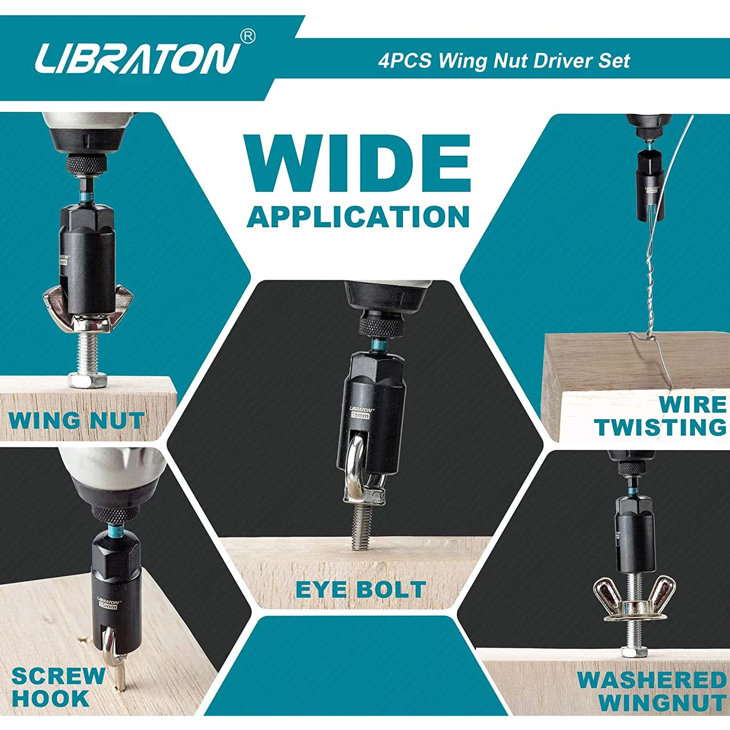 Libraton 4PCS Wing Nut Driver, Nut Driver Bit 9&12&15&18mm, 1/4” Hex Shank Nut Driver for Hook Bolt Installation, Wire Twisting