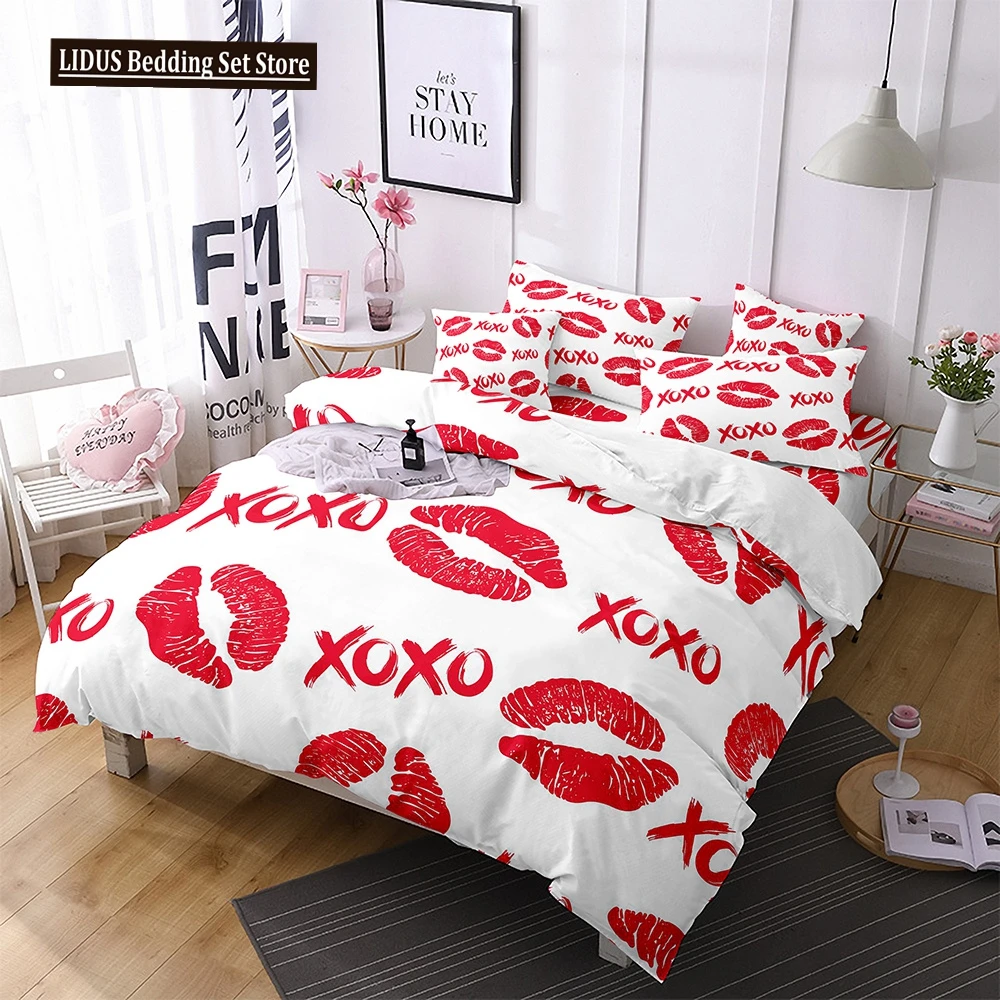 Red Lips Duvet Cover Love Theme Adult Couple Polyester With Zipper Ties King Queen Size Sexy For Women Men Bedroom Decorations