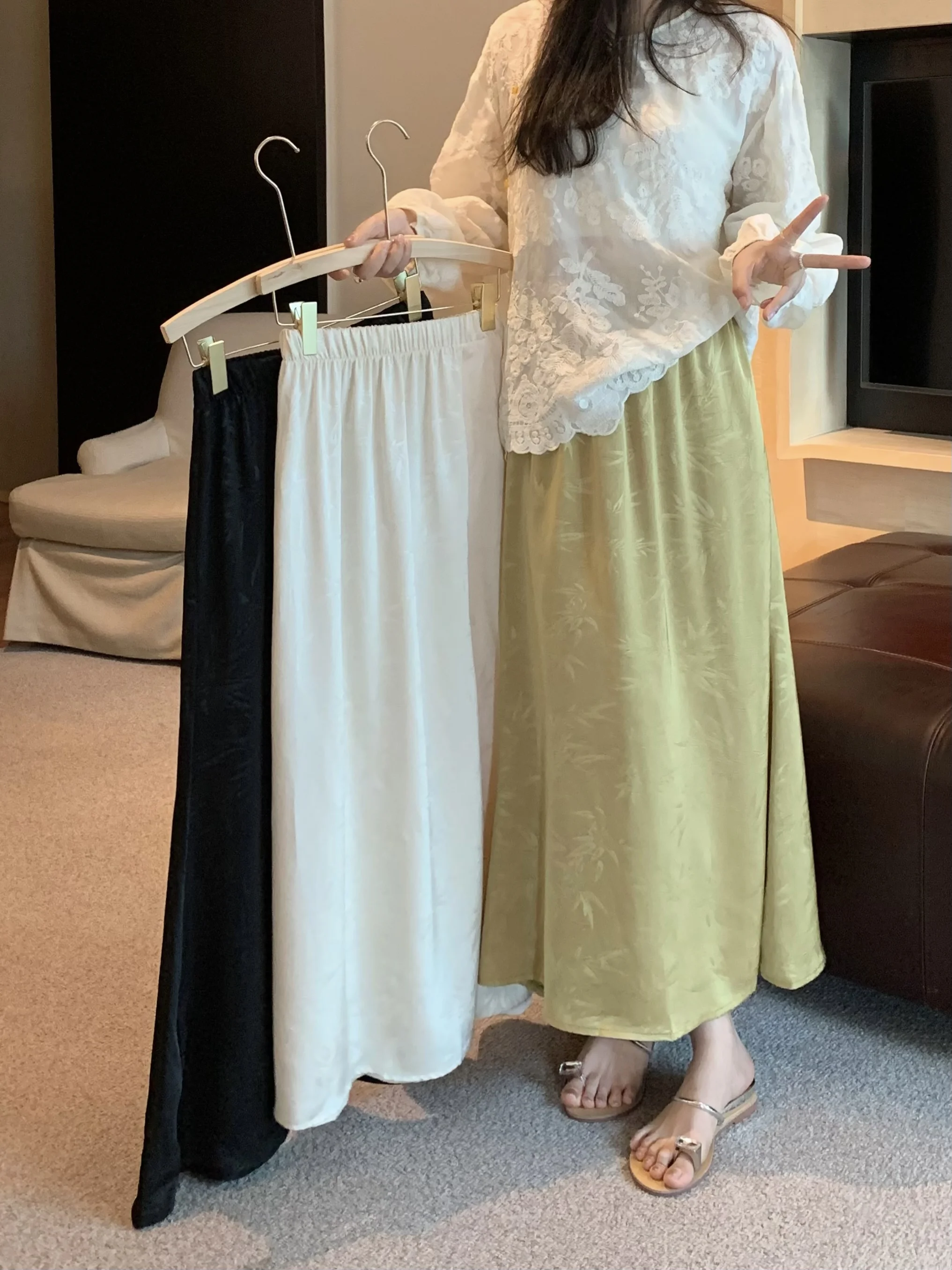 3Colors Stain Midi Skirt Women High Waist Long Skirts For Womens Chinese Style Summer 2024 Elegant Party Women's Skirts(JzA354