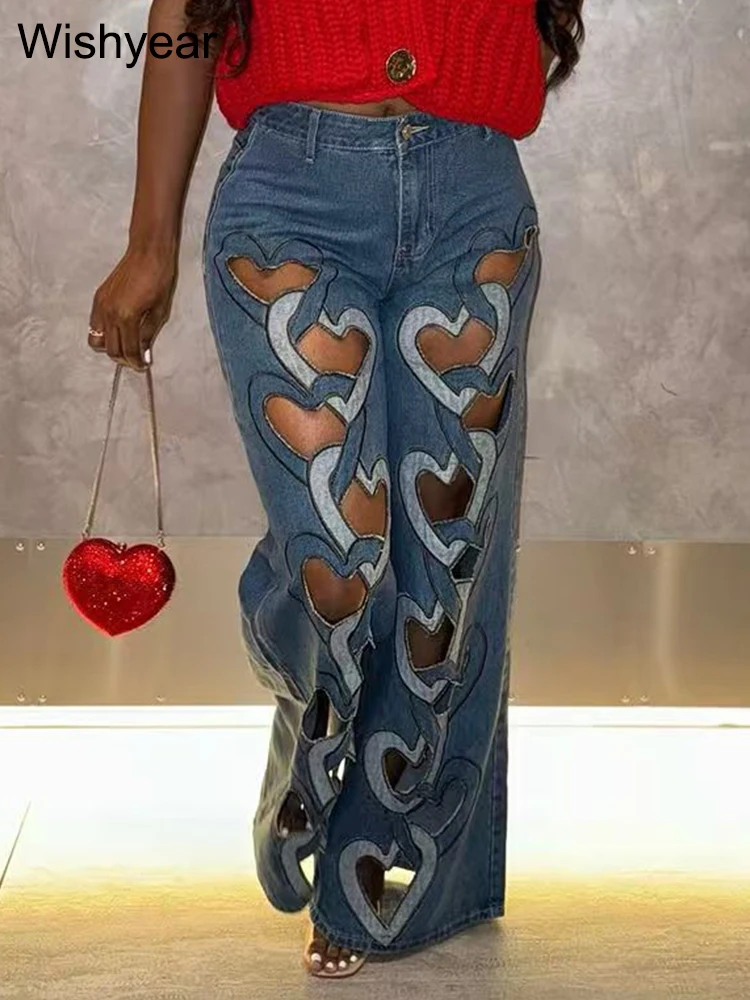 Fashion Heart Partern Hollow Out Blue Baggy Jeans Women‘s High Waist Patchwork Button Streetwear Loose Denim Wide Legs Pants New