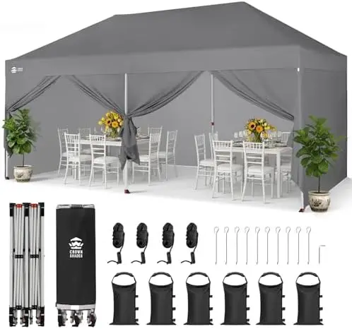 

10X20 Pop Up Canopy Commercial, Outdoor Camping Tent, 400D Fabric, with 6 Sidewalls, 6 Sand Bags, Sto'N Go Bag, Gray
