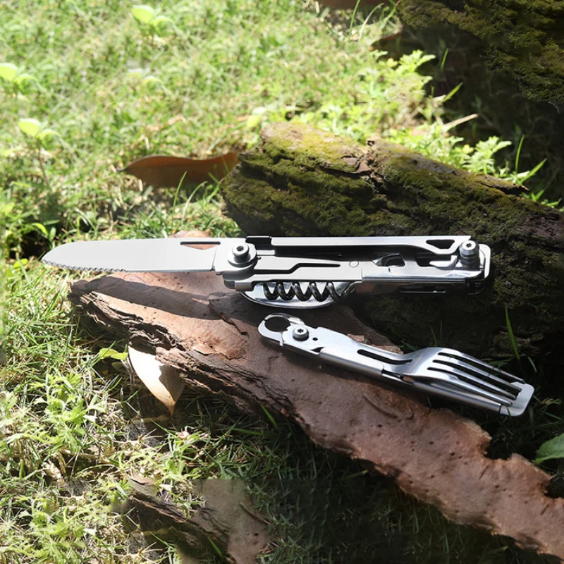 Folding Cutlery Portable Corkscrew Tableware High Strength Stainless Steel Disassembly Camping Fork Spoon Cutter for Outdoor