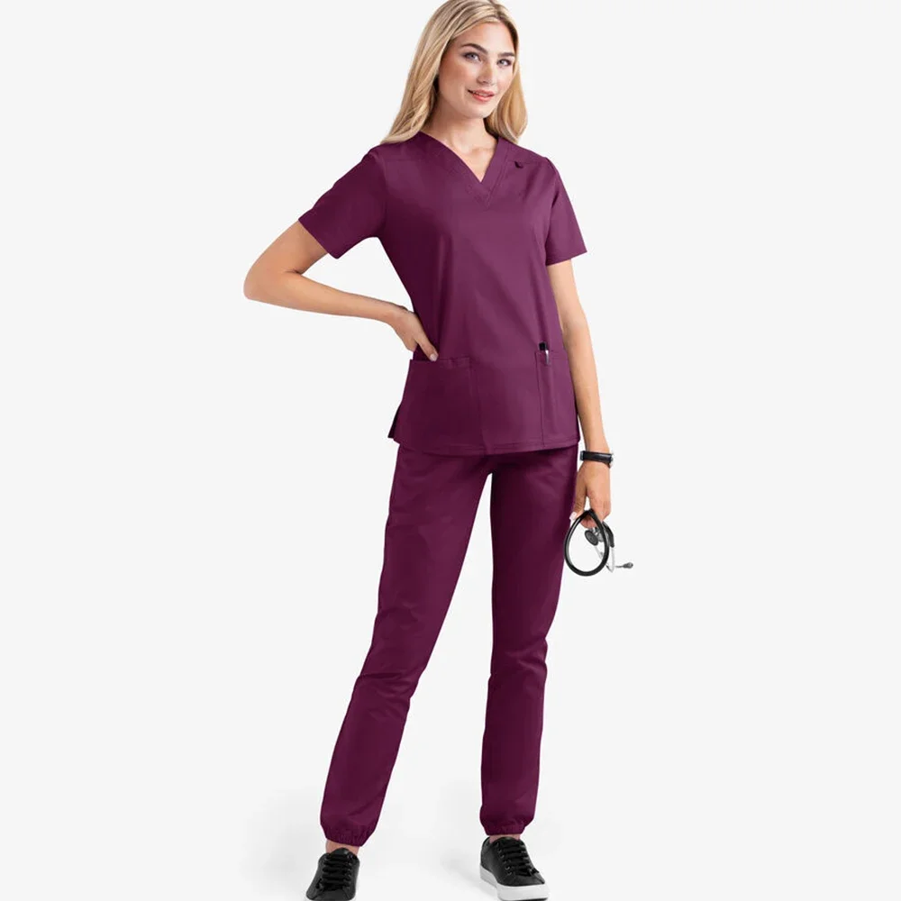 Ensemble uniforme d'infirmière avec poche à col en V, haut vétérinaire à manches courtes, vêtements de travail pour femmes, uniforme de médecin, uniforme de spa pour femmes