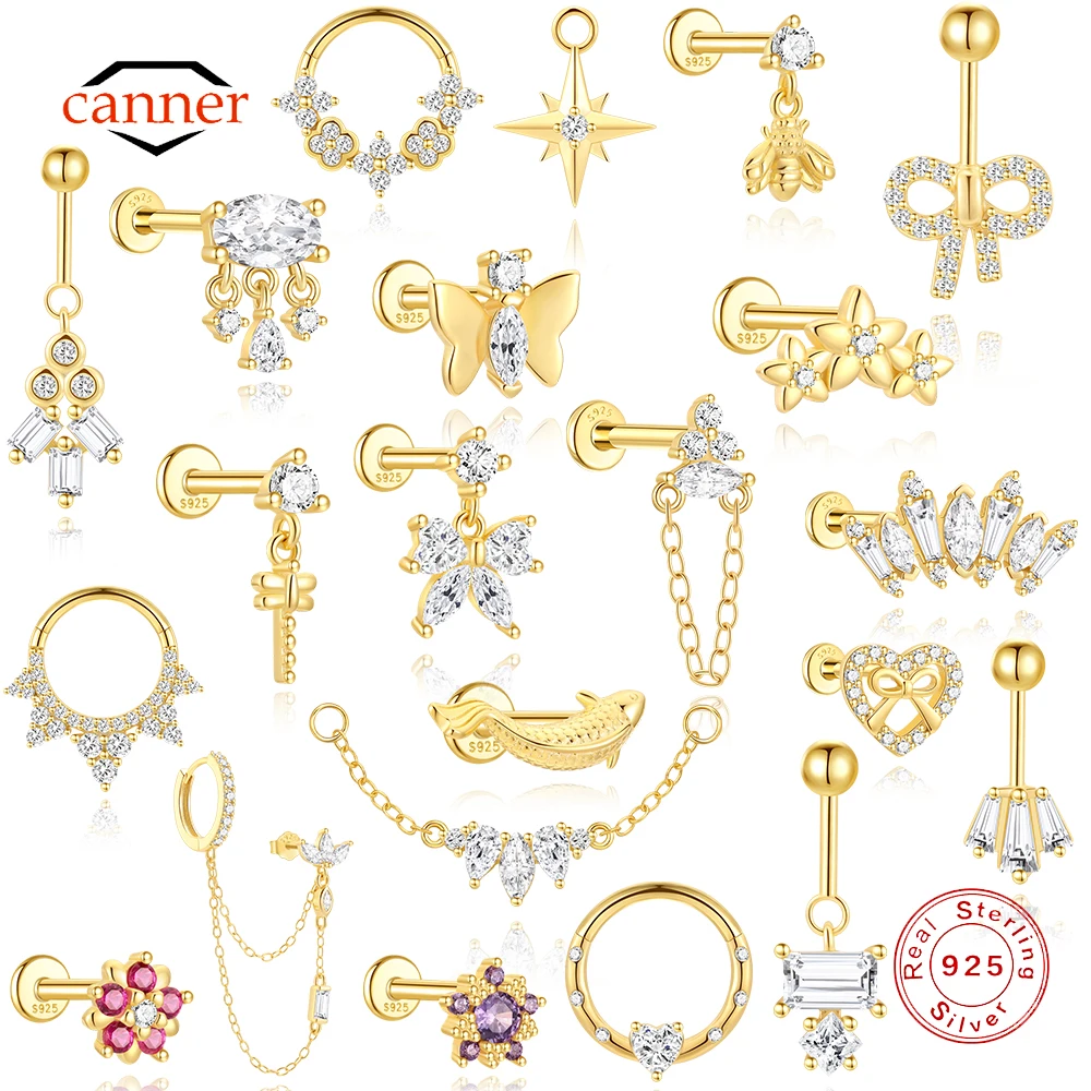 CANNER 1PC Eight Pointed Star Flower Geometric Zircon 925 Sterling Silver Flat Head Puncture Earring For Women Ins Earring Gift
