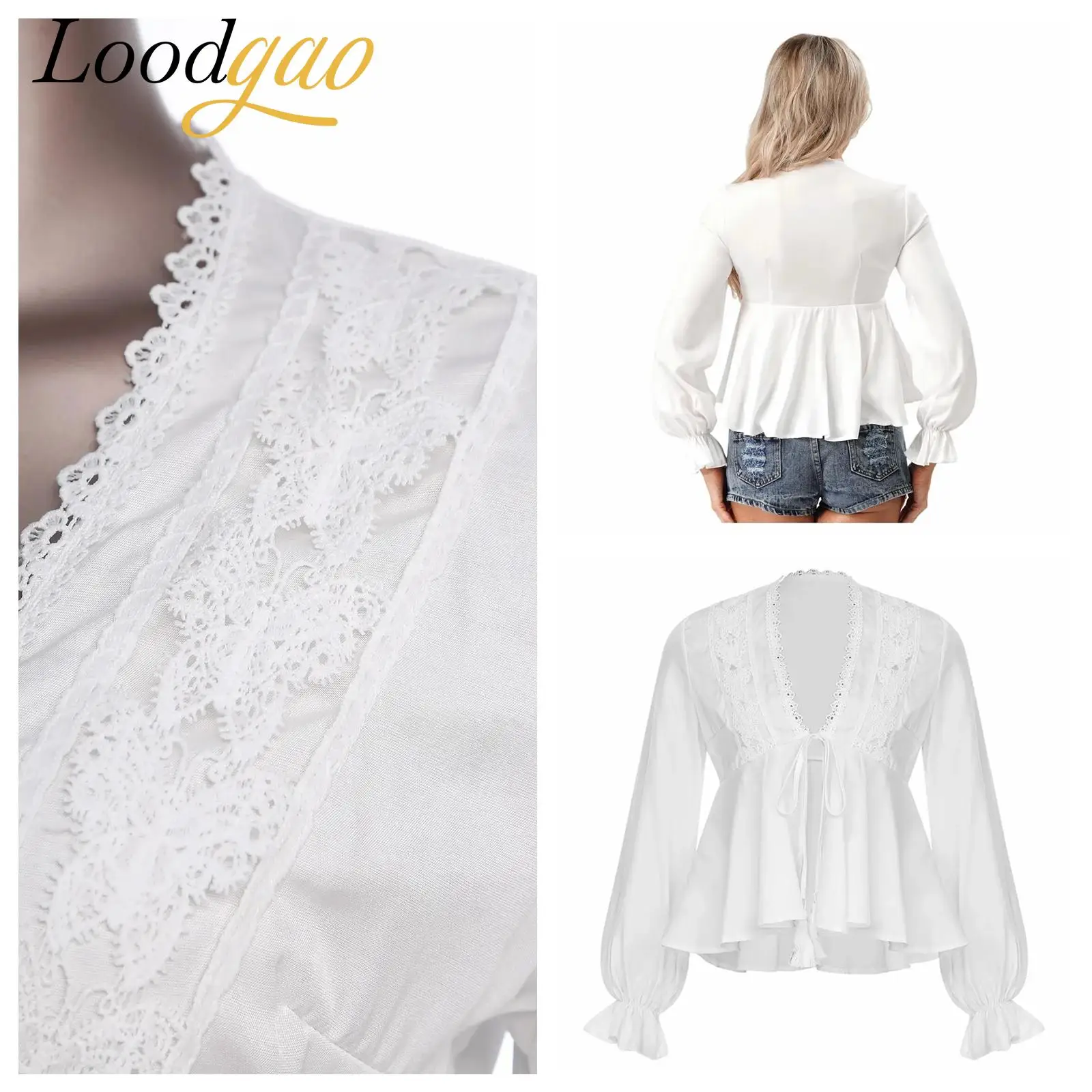 بلوزة عصرية تكدرت ملابس النساء البلوزات موضة خمر الدانتيل الخامس الرقبة طويلة الأكمام الذاتي تعادل حزام القمم الخريف ملابس نسائية