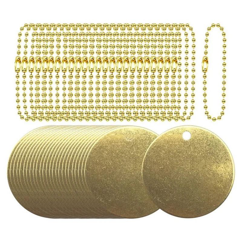 50Pcs 1Inch Brass Valve Tags Stamping Blank with Hole 2.4mm Ball Chains for Pipe Valves,Equipment,Tool Keys Labeling