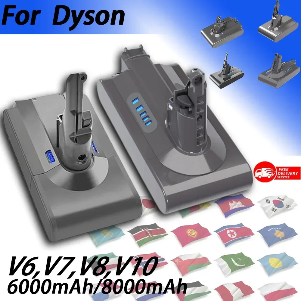 For Dyson 6Ah/8Ah V6 V7 V8 V10 Rechargeable Bateria SV10 SV11 SV12 SV09 Vacuum Cleaner Battery + Vacuum cleaner pre-post filter