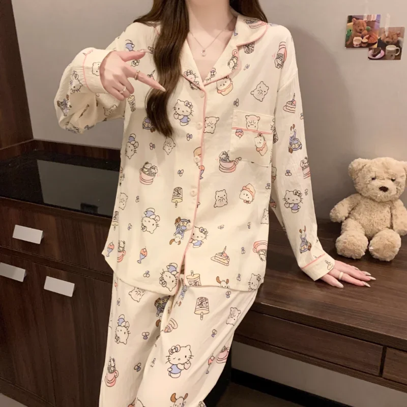 Pyjama Hello Kitty en pur coton pour la maison, pantalon à manches longues, ensemble 2 pièces, dessin animé Sanurgente, décontracté, respirant, automne, nouveau