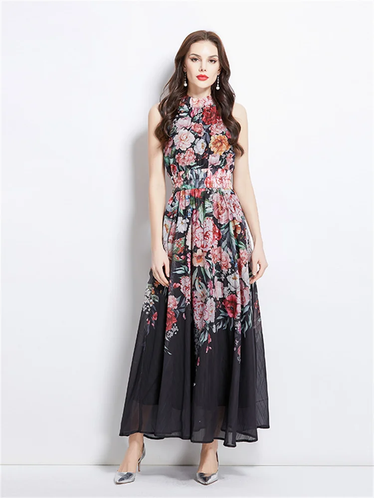 Elegancki kwiatowy nadruk Vintage O-Neck bez rękawów długa, maksi sukienka na co dzień bez rękawów w pasie wakacje plaża odzież damska