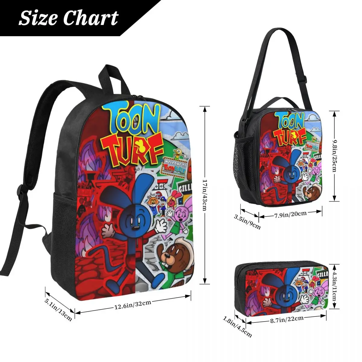 3Pcs Toon Turf Backpack Set for Girls Boys Pen Bags Bookbag Sets with Lunch Box For School Students Daypack