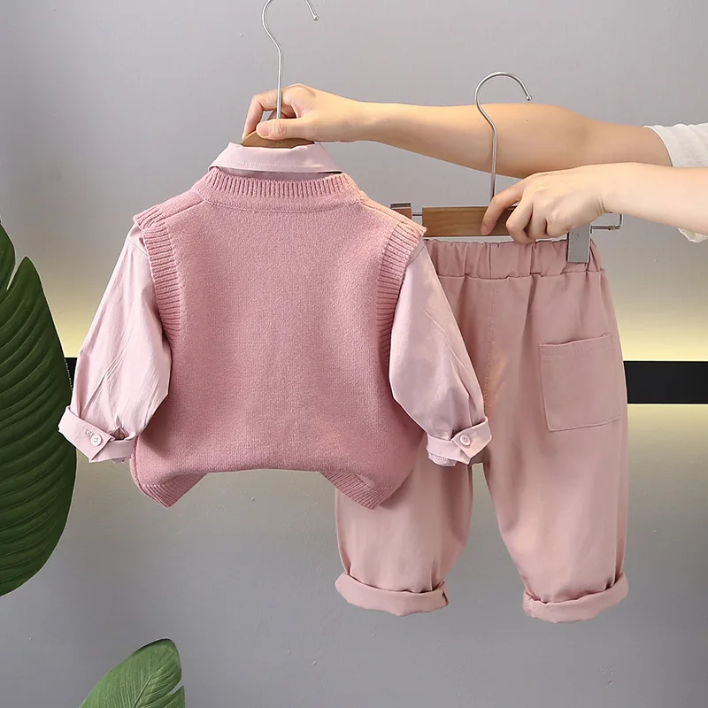 Conjuntos de Boutique para niños, ropa de otoño para bebés, suéter de punto elegante, chaleco, camisas rosas y pantalones, novedad de 2024, envío gratis