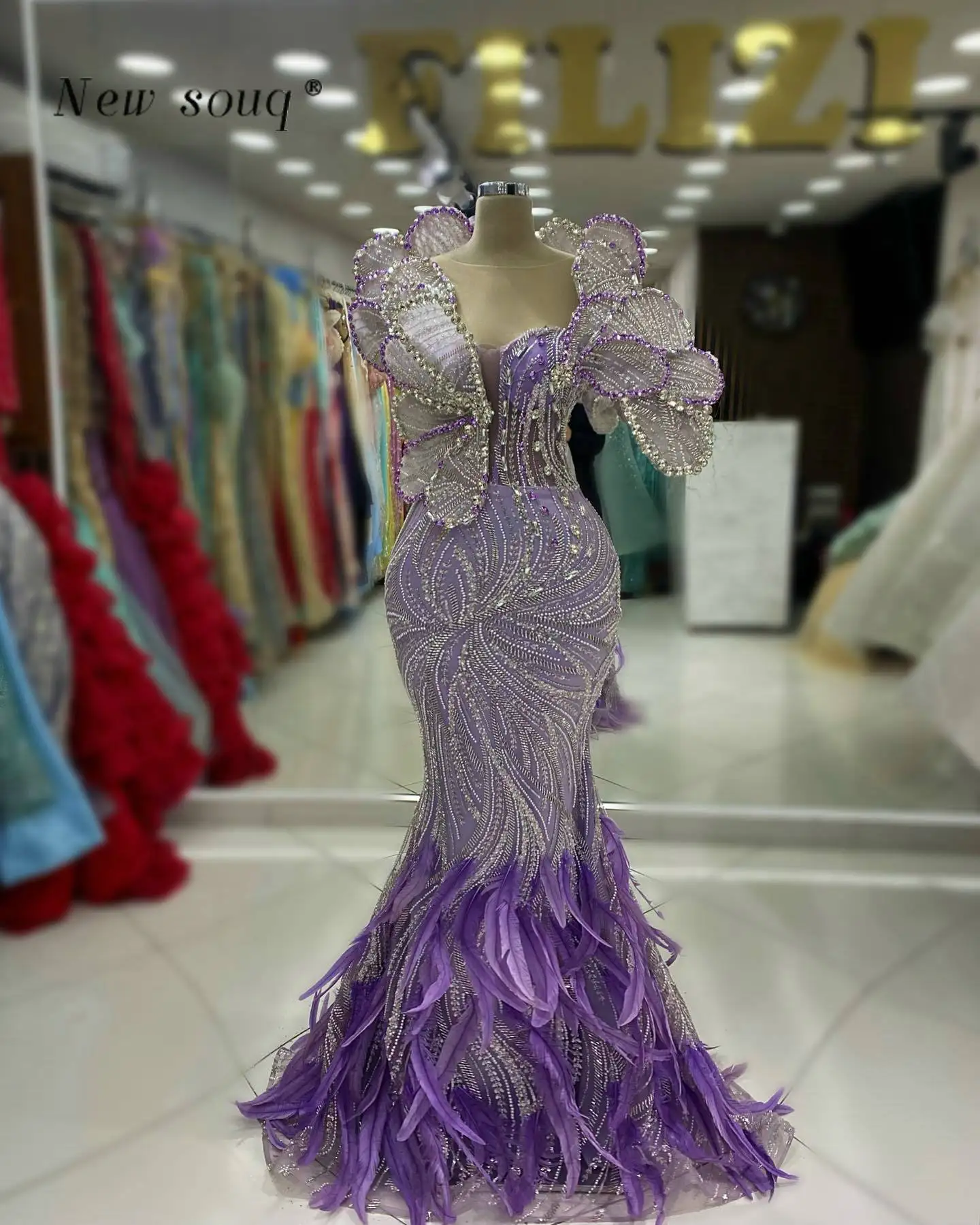 Special Design Lilac Purple Feathers Long Mermaid Evening Dresses Dubai Crystals Stunning Events Party Gowns Maxi Vestidos Women