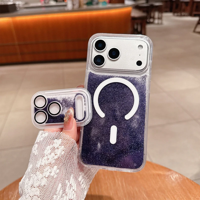 Magnetische Flüssigkeits-Quicksand-Linsenfolie Handyhülle für iPhone 17 18 Pro Max für MagSafe Trendige Sturzsichere Glitzer-Schutzhülle – Detail 3