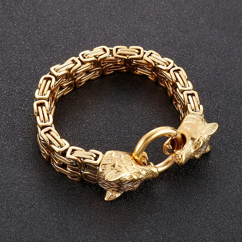Stainless Steel Byzantine Chain Bracelet Double Wolf Heads End Bangle Heavy 108g Weight  8.66inch 7mm