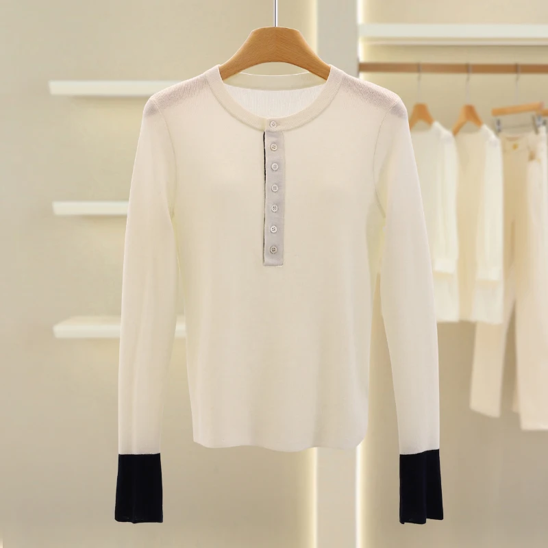 سترة خريفية مريحة كورية مستديرة Ne Splice ذات قاعدة محبوكة irt أنيقة للخريف للشابات من عمر 25 إلى 29 عامًا #2