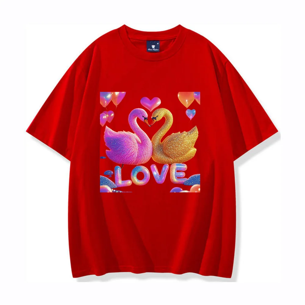 

Mandarin duck heart print love print Valentine's Day moon loves print Round neck short sleeve T-shirt wash cotton trend tops