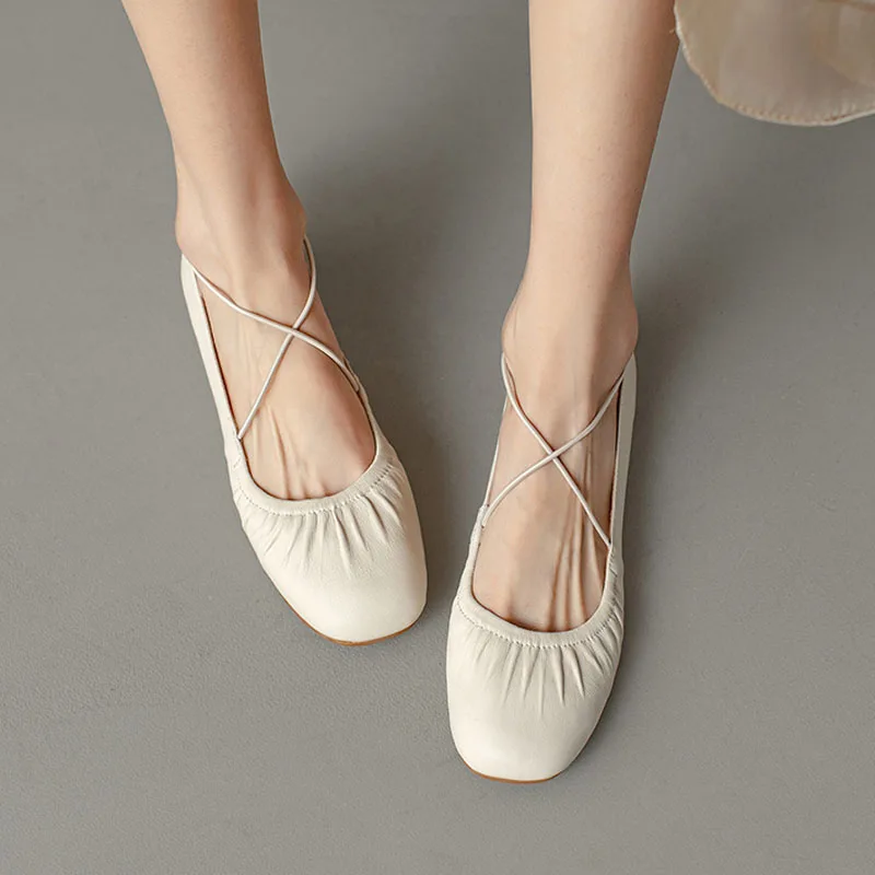 Elegant Ballet Flats Women Shoe Soft Leather and Sole Casual Shoes Lady Square-toe Pumps Crossover Elastic Bands Mary Jane Shoes