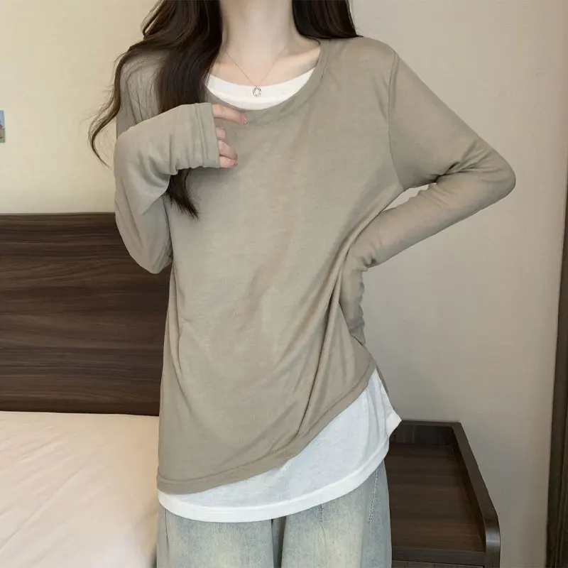 Basic Long Sleeve Loose Pullovers 2024 Spring Autumn Fake Two Pieces Patchwork Women's Clothing Solid Color Asymmetrical T-shirt